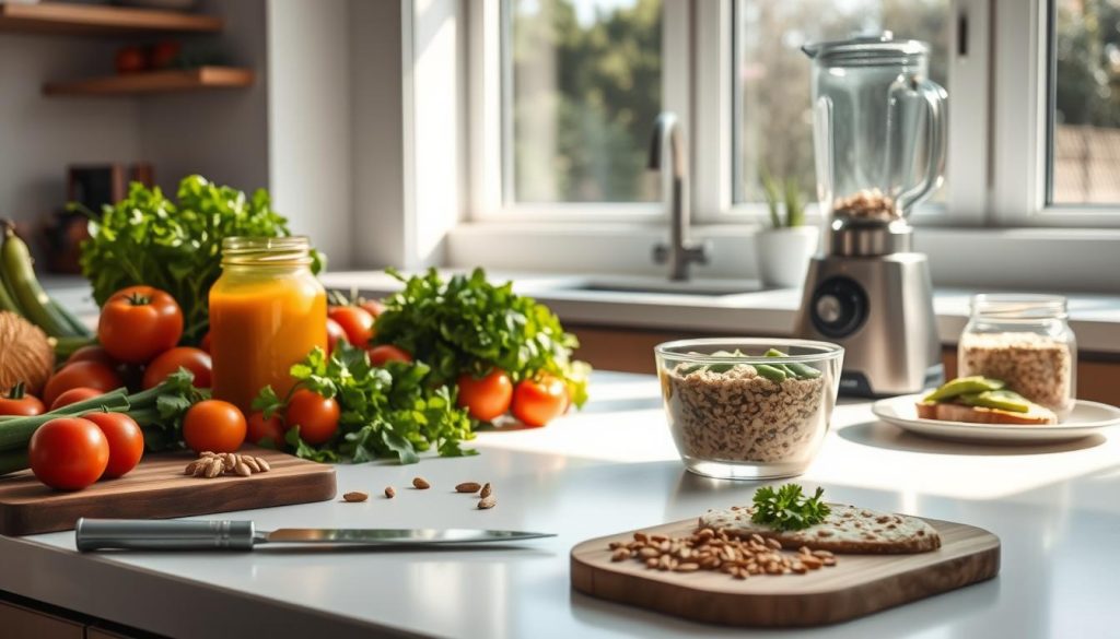 A clean, well-lit kitchen countertop filled with fresh, vibrant produce - crisp green leafy veggies, ripe tomatoes, fragrant herbs, and a glass jar of freshly squeezed juice. Soft, natural lighting casts a warm glow, highlighting the clean, minimalist aesthetic. In the foreground, a wooden chopping board with a sharp knife and a handful of nuts and seeds. The middle ground features a sleek, stainless steel blender, a bowl of overnight oats, and a plate of avocado toast. The background showcases a large window, allowing natural light to flood the space and accentuate the clean, airy atmosphere. The overall scene conveys a sense of tranquility, health, and a commitment to mindful, clean eating habits.