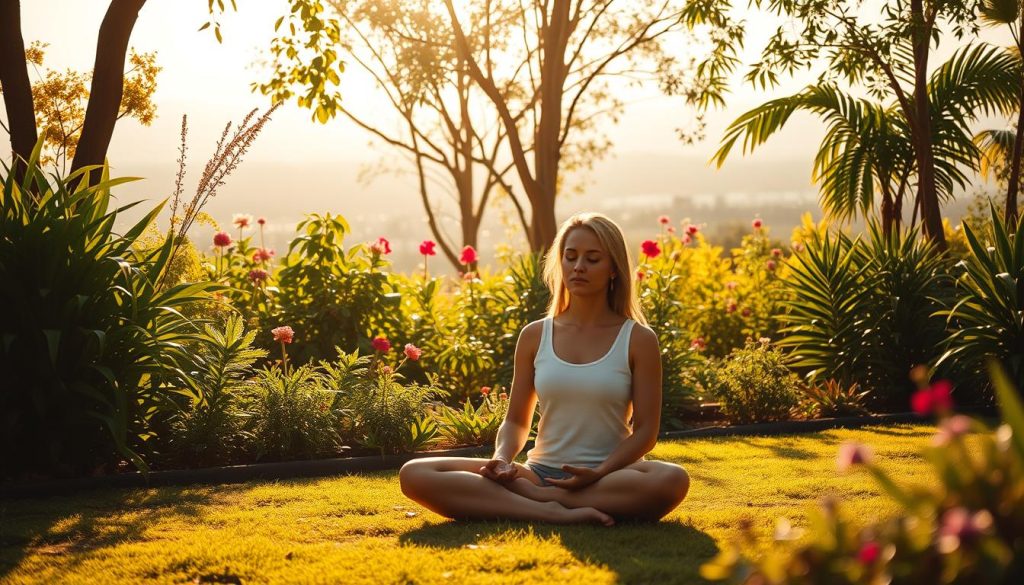 A serene garden oasis, bathed in warm, golden sunlight. In the foreground, a person sits cross-legged on the ground, eyes closed, hands resting gently on their lap, embodying a state of deep meditation and inner calm. In the middle ground, a variety of colorful, lush plants and flowers sway gently in a light breeze, creating a sense of tranquility and natural harmony. In the background, a softly blurred cityscape can be seen, suggesting the contrast between the bustling urban environment and the personal, restorative space. The overall atmosphere is one of mindfulness, rejuvenation, and a harmonious balance between the inner and outer worlds.