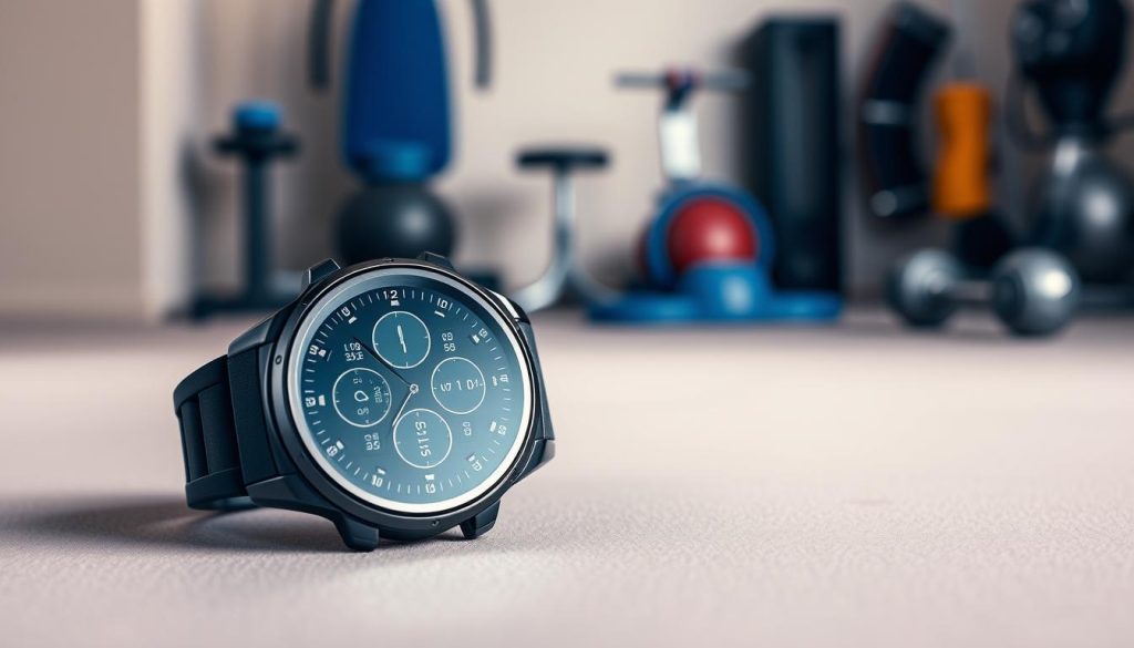 A sleek, high-tech fitness smartwatch resting on a minimalist, muted-tone background. The watch face displays various performance metrics and health data, with a clean, intuitive interface. The device is illuminated by soft, directional lighting, casting subtle shadows that enhance its modern, premium design. The smartwatch is positioned in the foreground, with a blurred middle ground featuring a variety of fitness equipment, conveying an atmosphere of health, wellness, and technological innovation. The overall composition emphasizes the smartwatch's capabilities as a comprehensive fitness tracking tool. A sleek, high-tech fitness smartwatch resting on a minimalist, muted-tone background. The watch face displays various performance metrics and health data, with a clean, intuitive interface. The device is illuminated by soft, directional lighting, casting subtle shadows that enhance its modern, premium design. The smartwatch is positioned in the foreground, with a blurred middle ground featuring a variety of fitness equipment, conveying an atmosphere of health, wellness, and technological innovation. The overall composition emphasizes the smartwatch's capabilities as a comprehensive fitness tracking tool.