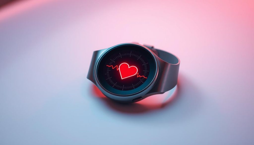 A sleek, high-tech heart rate monitoring wearable device rests on a minimalist white surface. The device features a smooth, brushed metal casing with a circular OLED display, surrounded by a slim bezel. The display shows a real-time heartbeat graph, pulsing in sync with an animated heart icon. Subtle ambient lighting bathes the scene, casting a warm, futuristic glow. The device is captured from a slightly elevated perspective, emphasizing its modern, sophisticated design. The overall mood is one of precision, innovation, and health-focused technology. A sleek, high-tech heart rate monitoring wearable device rests on a minimalist white surface. The device features a smooth, brushed metal casing with a circular OLED display, surrounded by a slim bezel. The display shows a real-time heartbeat graph, pulsing in sync with an animated heart icon. Subtle ambient lighting bathes the scene, casting a warm, futuristic glow. The device is captured from a slightly elevated perspective, emphasizing its modern, sophisticated design. The overall mood is one of precision, innovation, and health-focused technology.