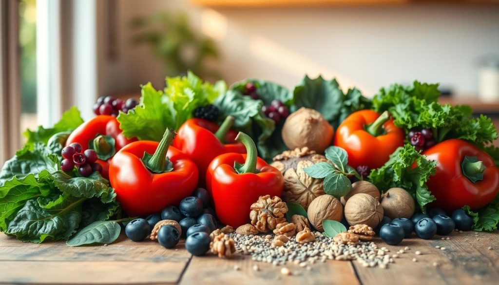 A vibrant still life featuring an assortment of plant-based superfoods arranged on a rustic wooden table. In the foreground, a variety of leafy greens, such as kale, spinach, and Swiss chard, are nestled alongside vibrant red bell peppers, juicy blueberries, and crunchy walnuts. In the middle ground, a scattering of chia seeds, flaxseeds, and quinoa add texture and visual interest. The background is softly blurred, showcasing natural light streaming in from a window, casting a warm, golden glow over the scene. The overall composition is balanced, highlighting the color, texture, and nutritional value of these wholesome, plant-based superfoods. A vibrant still life featuring an assortment of plant-based superfoods arranged on a rustic wooden table. In the foreground, a variety of leafy greens, such as kale, spinach, and Swiss chard, are nestled alongside vibrant red bell peppers, juicy blueberries, and crunchy walnuts. In the middle ground, a scattering of chia seeds, flaxseeds, and quinoa add texture and visual interest. The background is softly blurred, showcasing natural light streaming in from a window, casting a warm, golden glow over the scene. The overall composition is balanced, highlighting the color, texture, and nutritional value of these wholesome, plant-based superfoods.