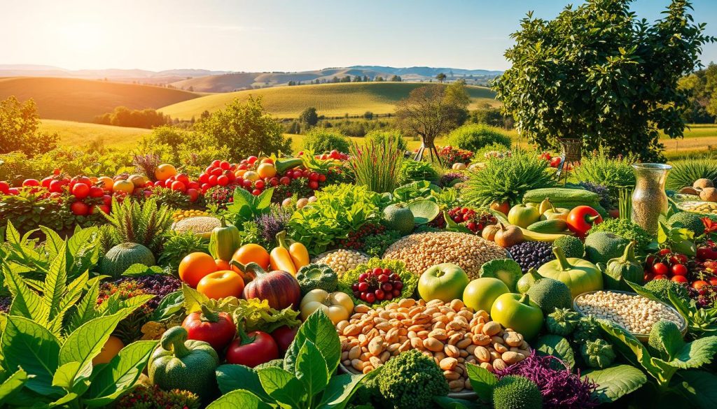 An expansive garden bursting with vibrant, lush greenery, showcasing the abundance and diversity of plant-based foods. In the foreground, an array of colorful fruits and vegetables, their textures and shapes meticulously detailed. The mid-ground features a variety of wholesome grains, legumes, and nuts, artfully arranged to highlight their nutritional value. In the background, a serene landscape with rolling hills and a clear, azure sky, conveying a sense of balance and harmony. The lighting is warm and natural, casting a soft glow over the scene, emphasizing the vitality and allure of a plant-based lifestyle. The overall composition radiates a sense of abundance, health, and a connection to the natural world.
