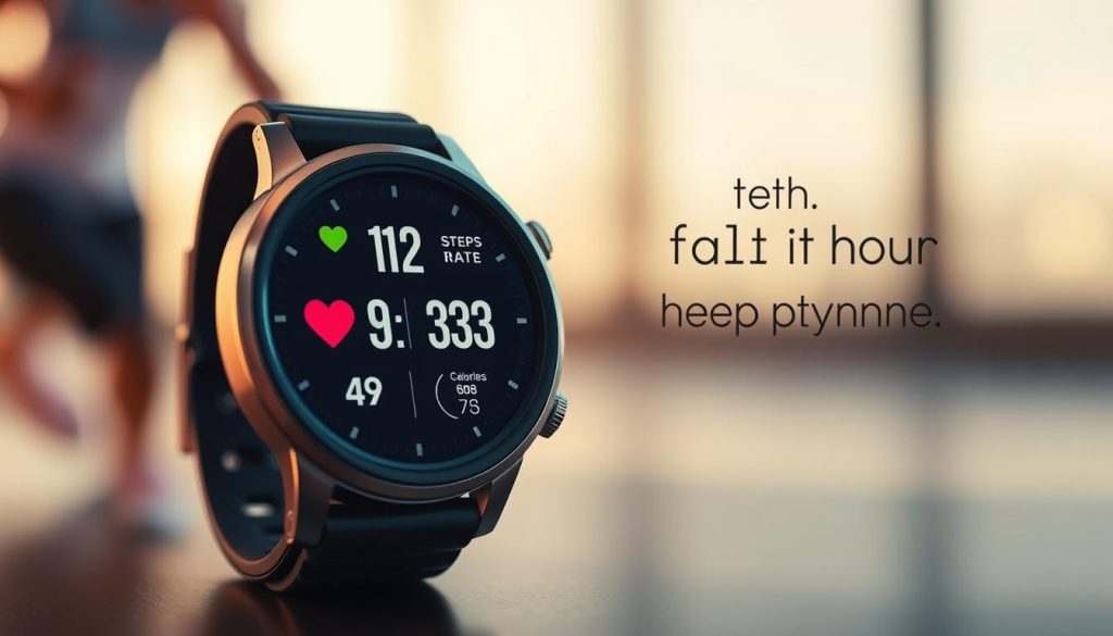 Prompt A smartwatch display showcasing various fitness tracking metrics, including heart rate, steps, distance, and calories burned. The watch face is sleek and modern, with a large, clear display in the foreground. The background features a blurred, out-of-focus image of a person exercising, emphasizing the device's role in monitoring physical activity. Soft, warm lighting creates a calm, motivational atmosphere, highlighting the watch's utility in helping the user achieve their fitness goals. Prompt A smartwatch display showcasing various fitness tracking metrics, including heart rate, steps, distance, and calories burned. The watch face is sleek and modern, with a large, clear display in the foreground. The background features a blurred, out-of-focus image of a person exercising, emphasizing the device's role in monitoring physical activity. Soft, warm lighting creates a calm, motivational atmosphere, highlighting the watch's utility in helping the user achieve their fitness goals.